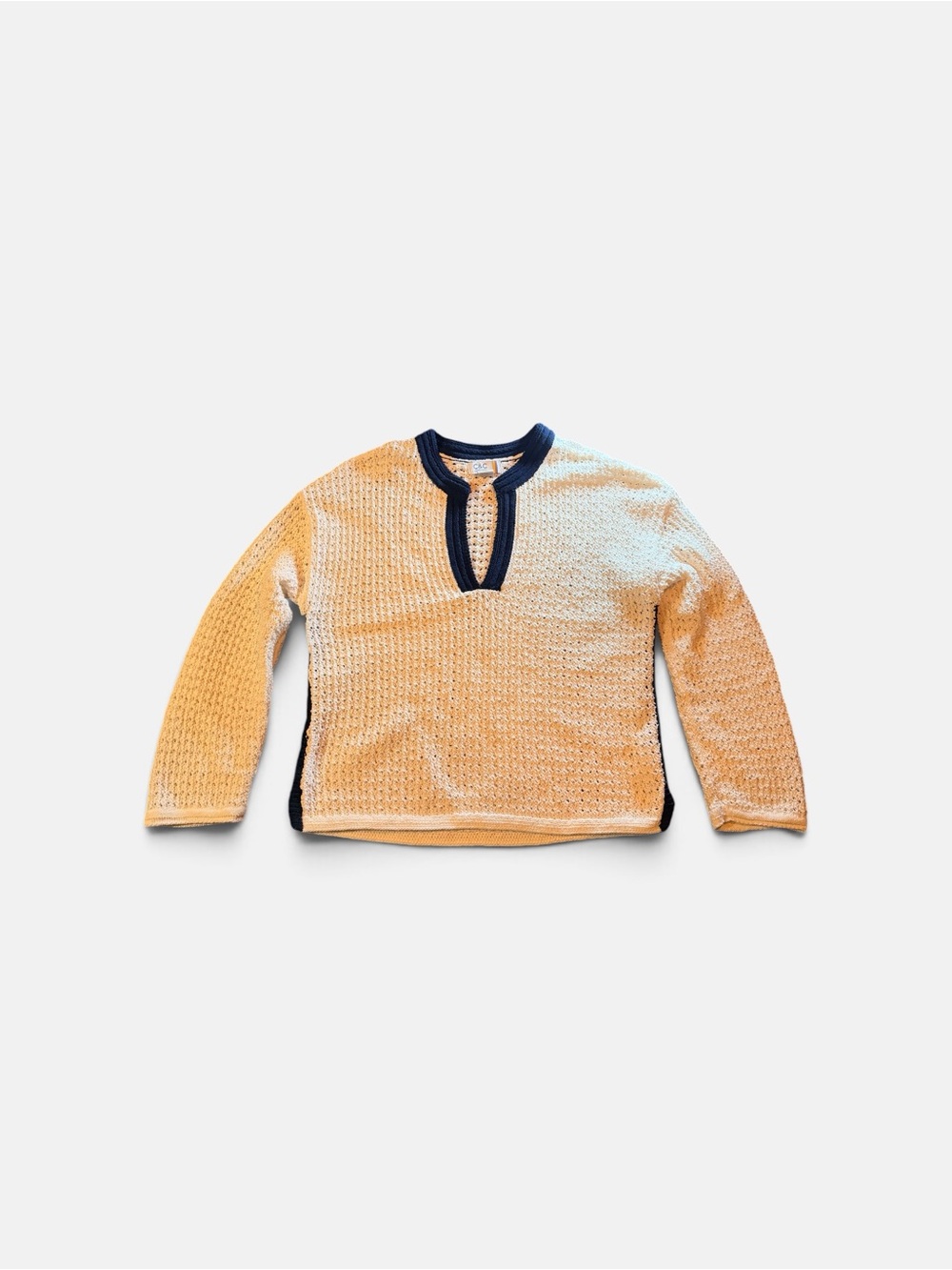 C.C Cream Knit V-Neck Sweater with Navy Trim
